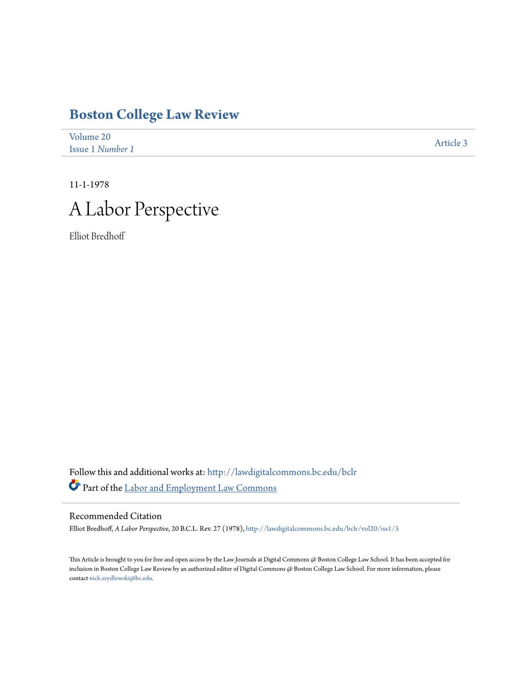 A Labor Perspective Elliot Bredhoff
