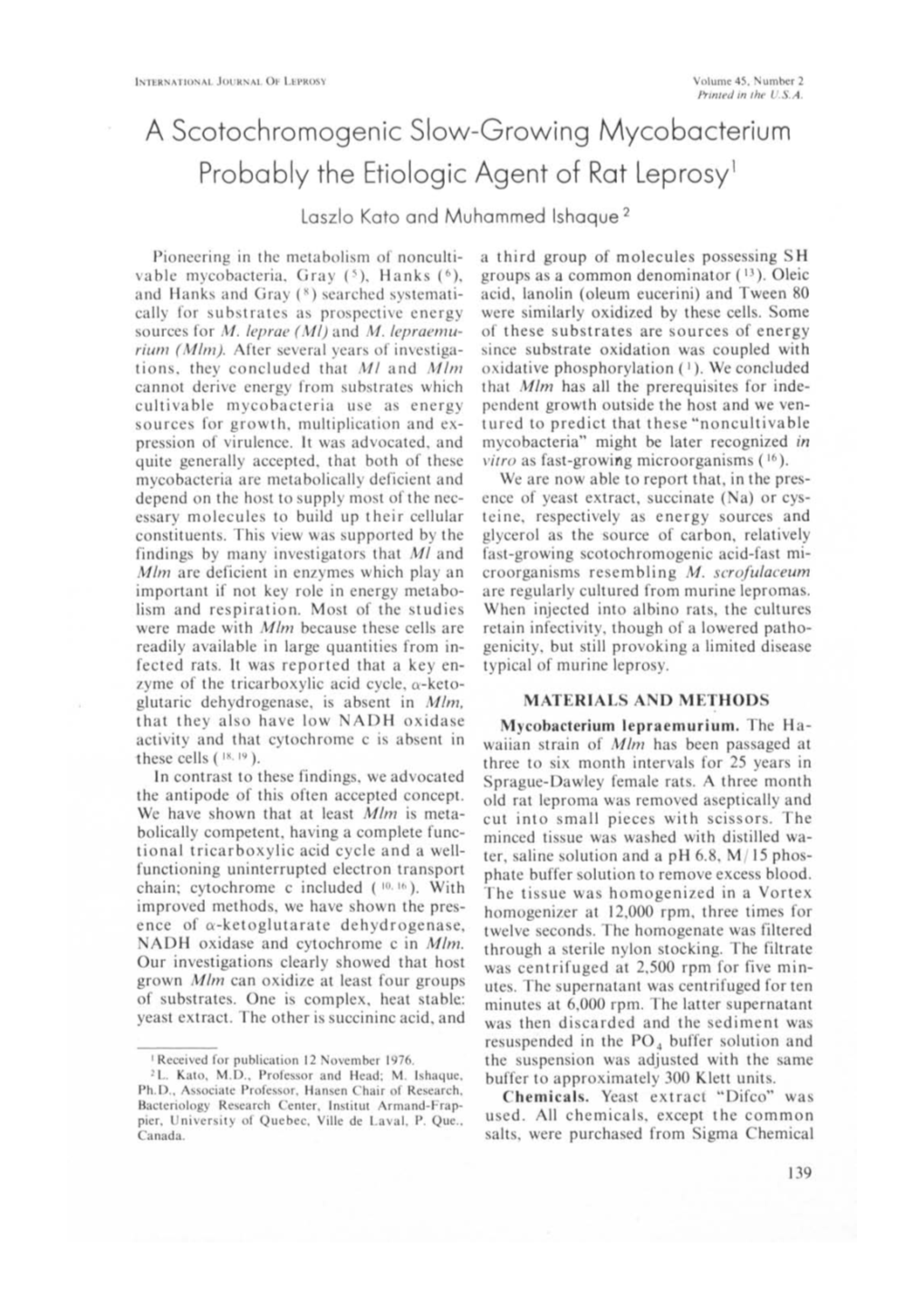 A Scotochromogenic Slow-Growing Mycobacterium Probably the Etiologic Agent of Rat Leprosyl