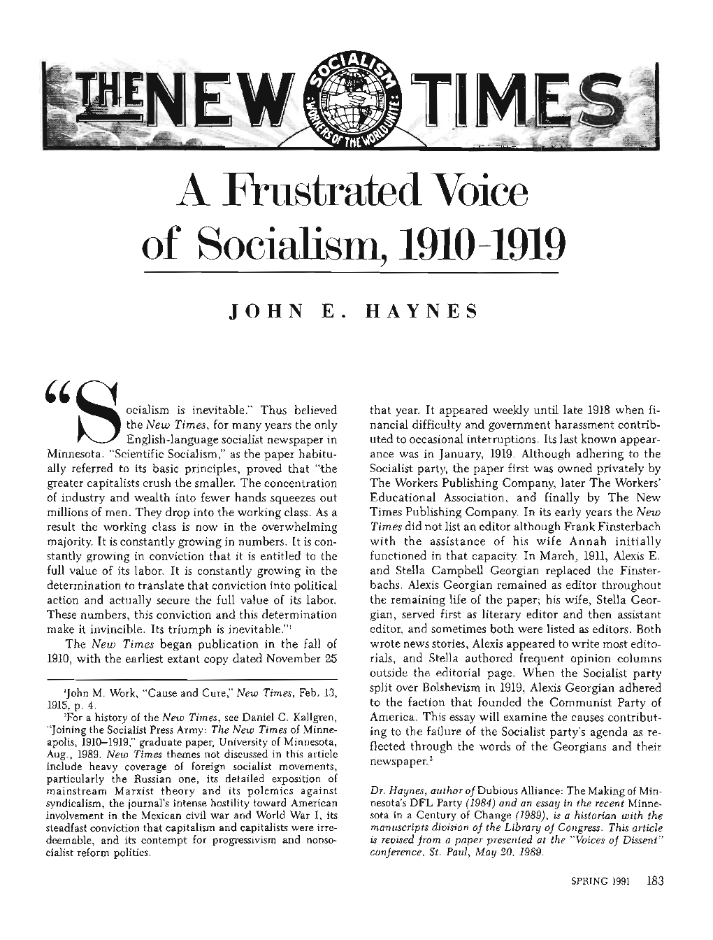 A Frustrated Voice of Socialism, 1910-1919 / John E. Haynes