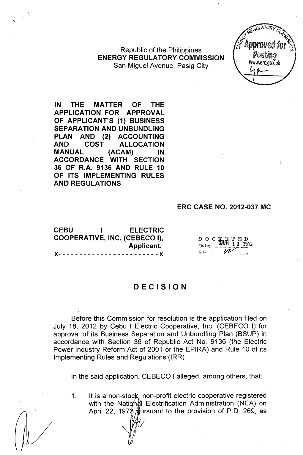 Approved For, ENERGY REGULATORY COMMISSION Potihg San Miguel Avenue, Pasig City