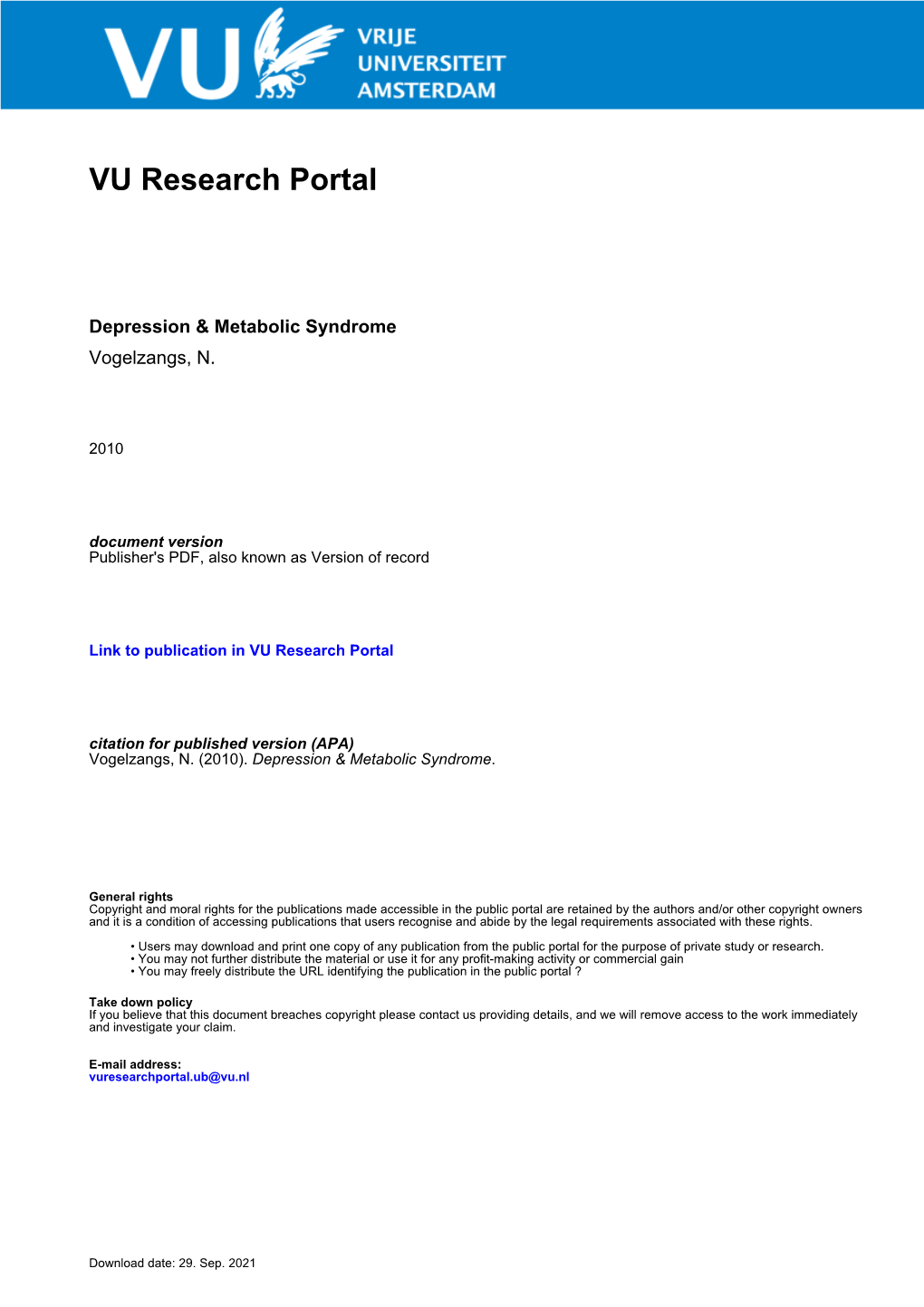 Depression & Metabolic Syndrome Vogelzangs, N