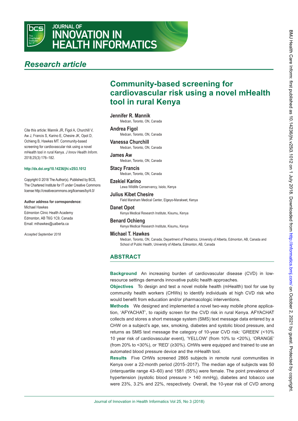 Community-Based Screening for Cardiovascular Risk Using a Novel Mhealth Tool in Rural Kenya