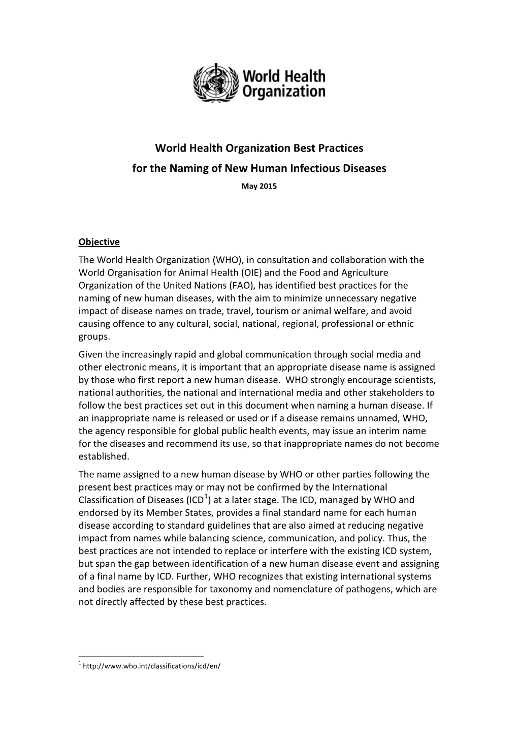 Best Practices for the Naming of New Human Infectious Diseases May 2015