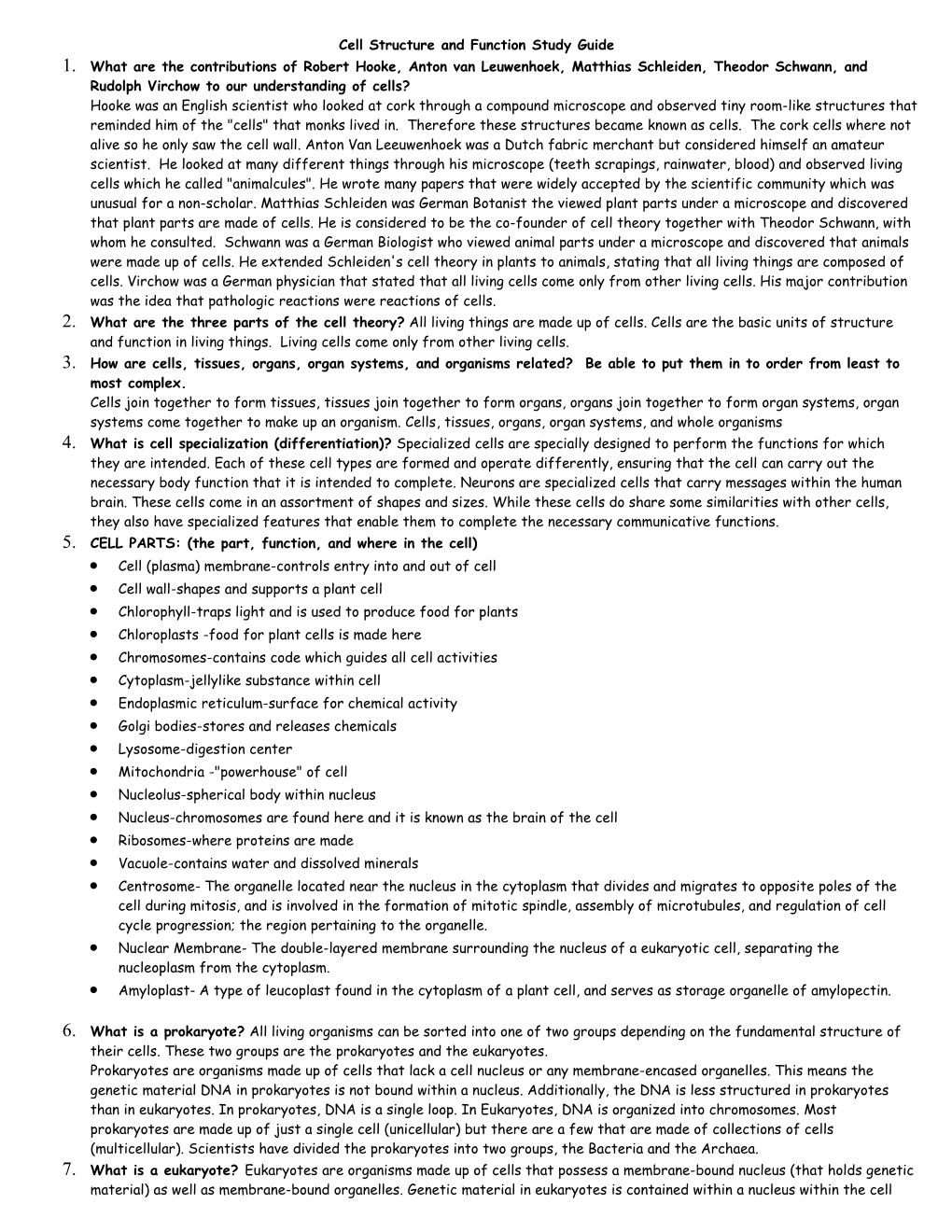 Cell Structure and Function Study Guide