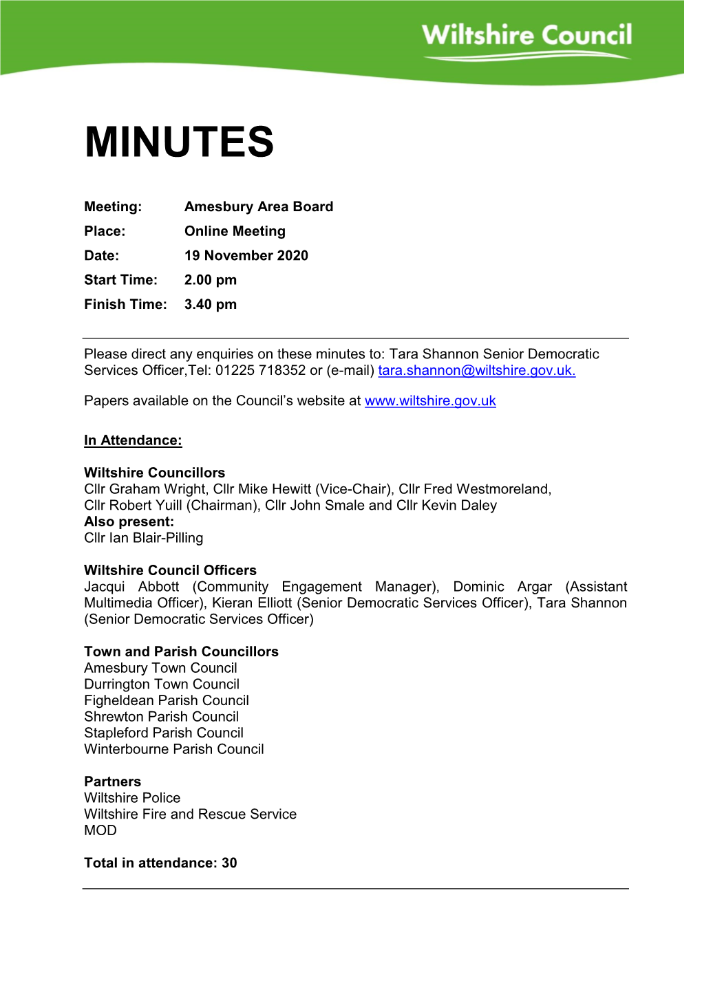(Public Pack)Minutes Document for Amesbury Area Board, 19/11/2020