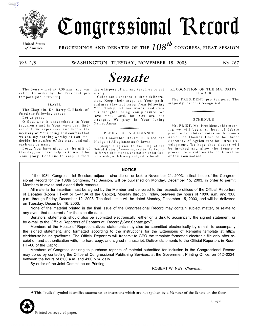 Congressional Record United States Th of America PROCEEDINGS and DEBATES of the 108 CONGRESS, FIRST SESSION