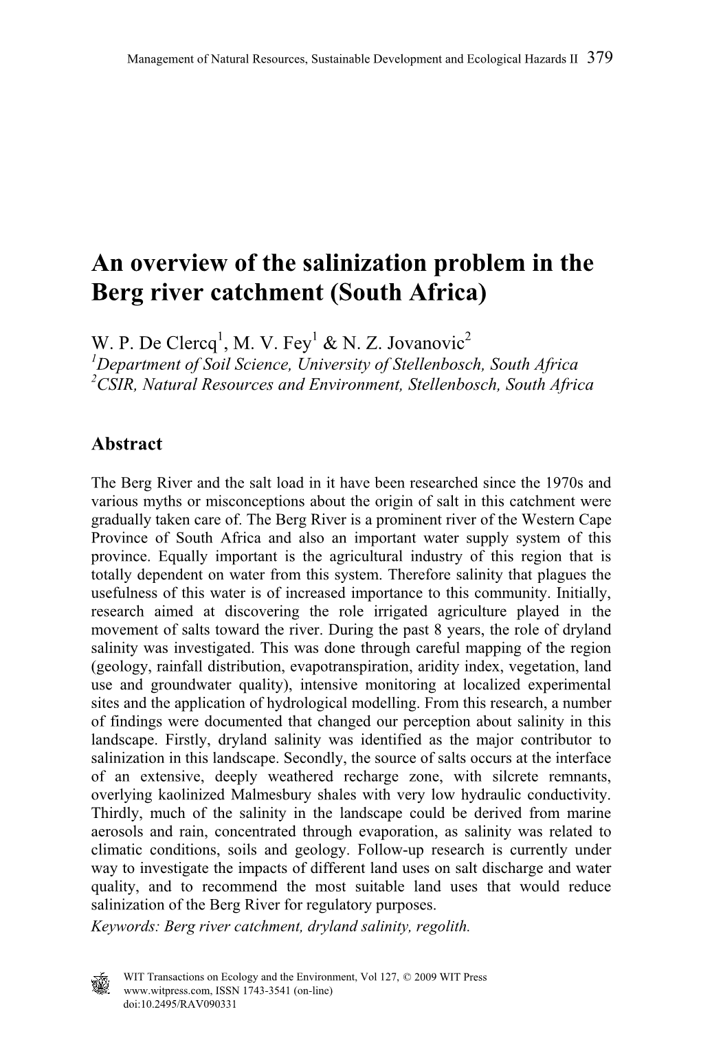 An Overview of the Salinization Problem in the Berg River Catchment (South Africa)