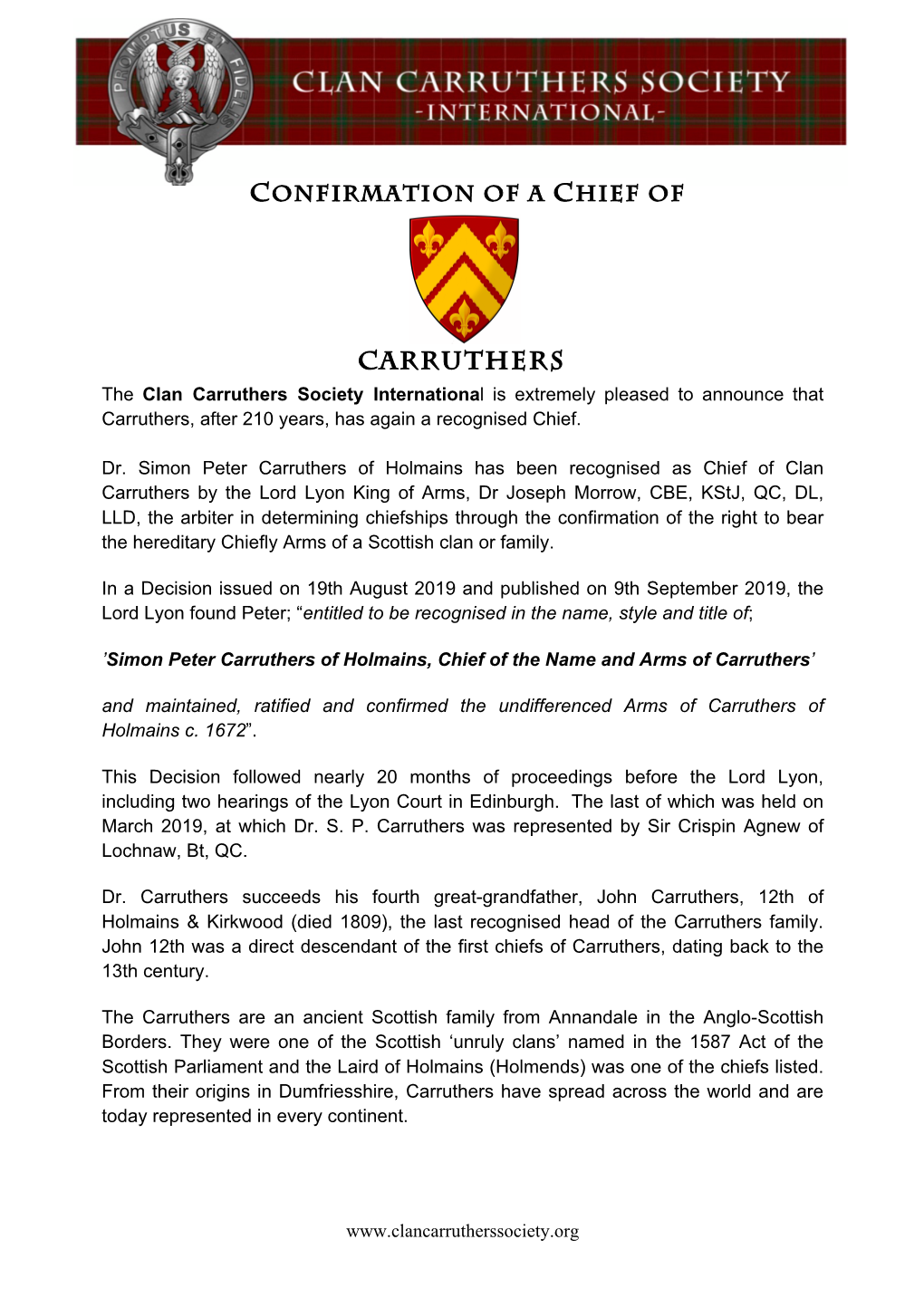 Confirmation of a Chief of Carruthers