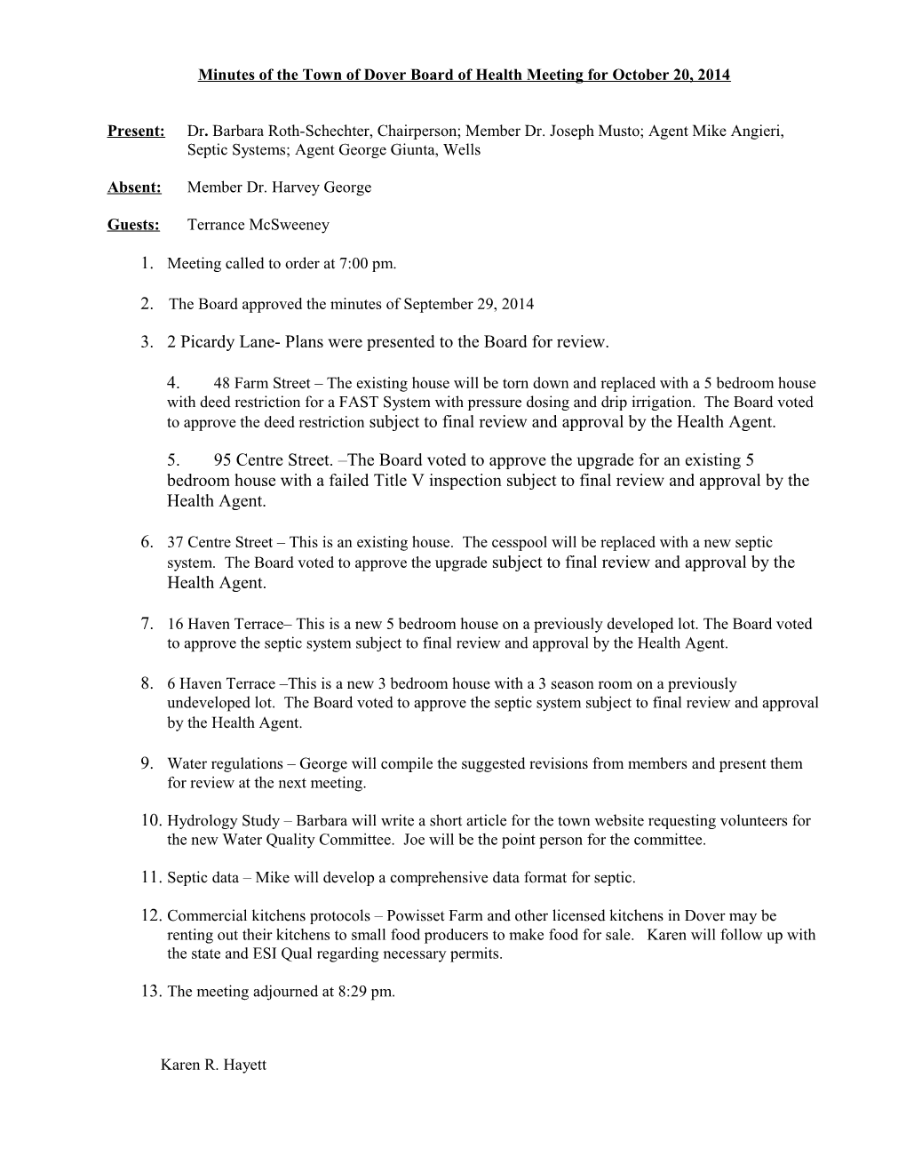 Minutes of the Town of Dover Board of Health Meeting for October 20, 2014