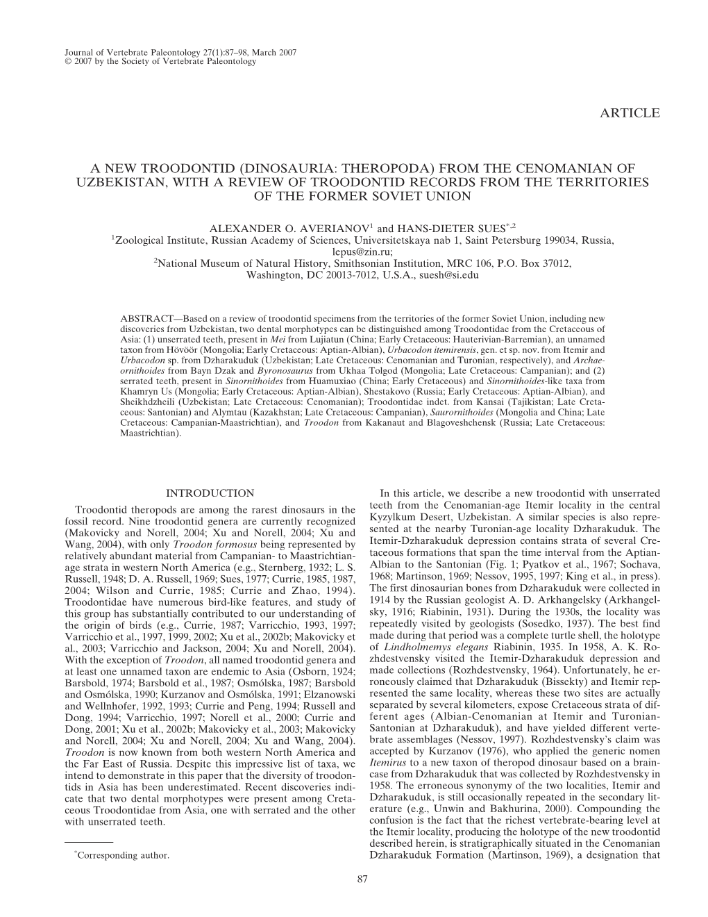 Article a New Troodontid (Dinosauria: Theropoda) from the Cenomanian of Uzbekistan, with a Review of Troodontid Records From