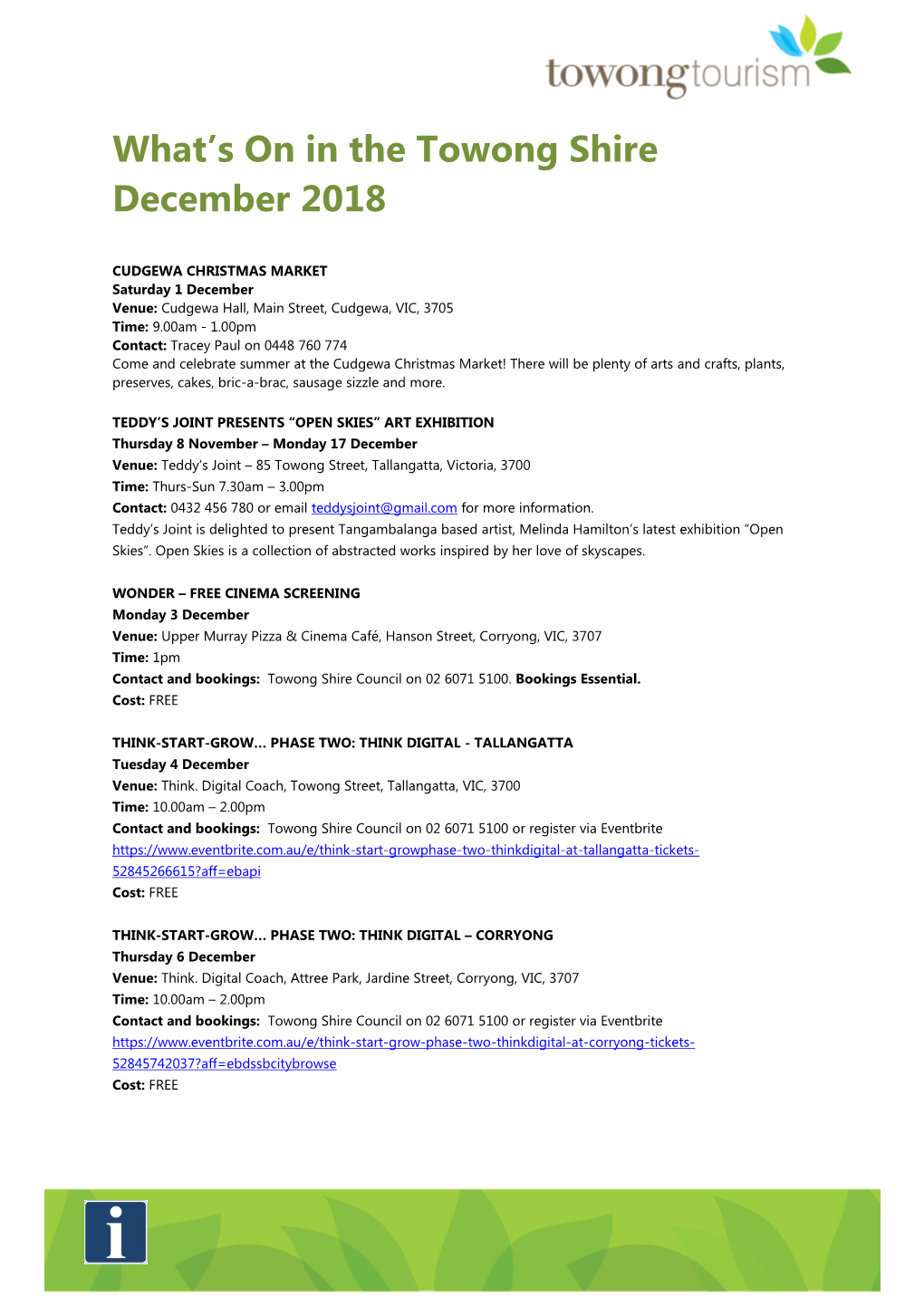 What's on in the Towong Shire December 2018