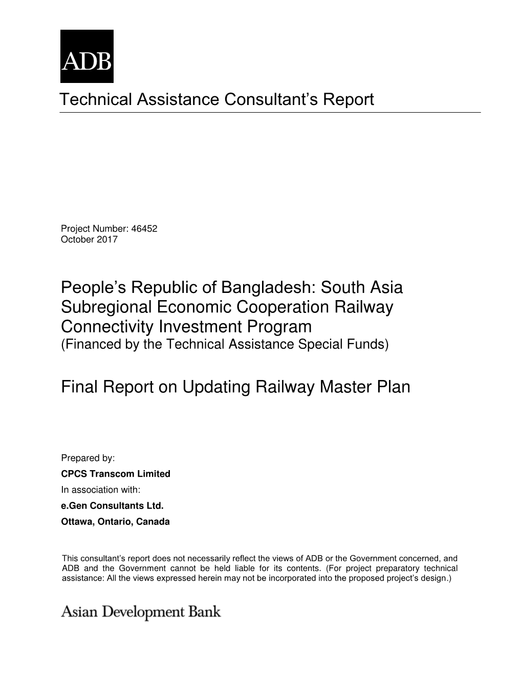 Technical Assistance Consultant's Report