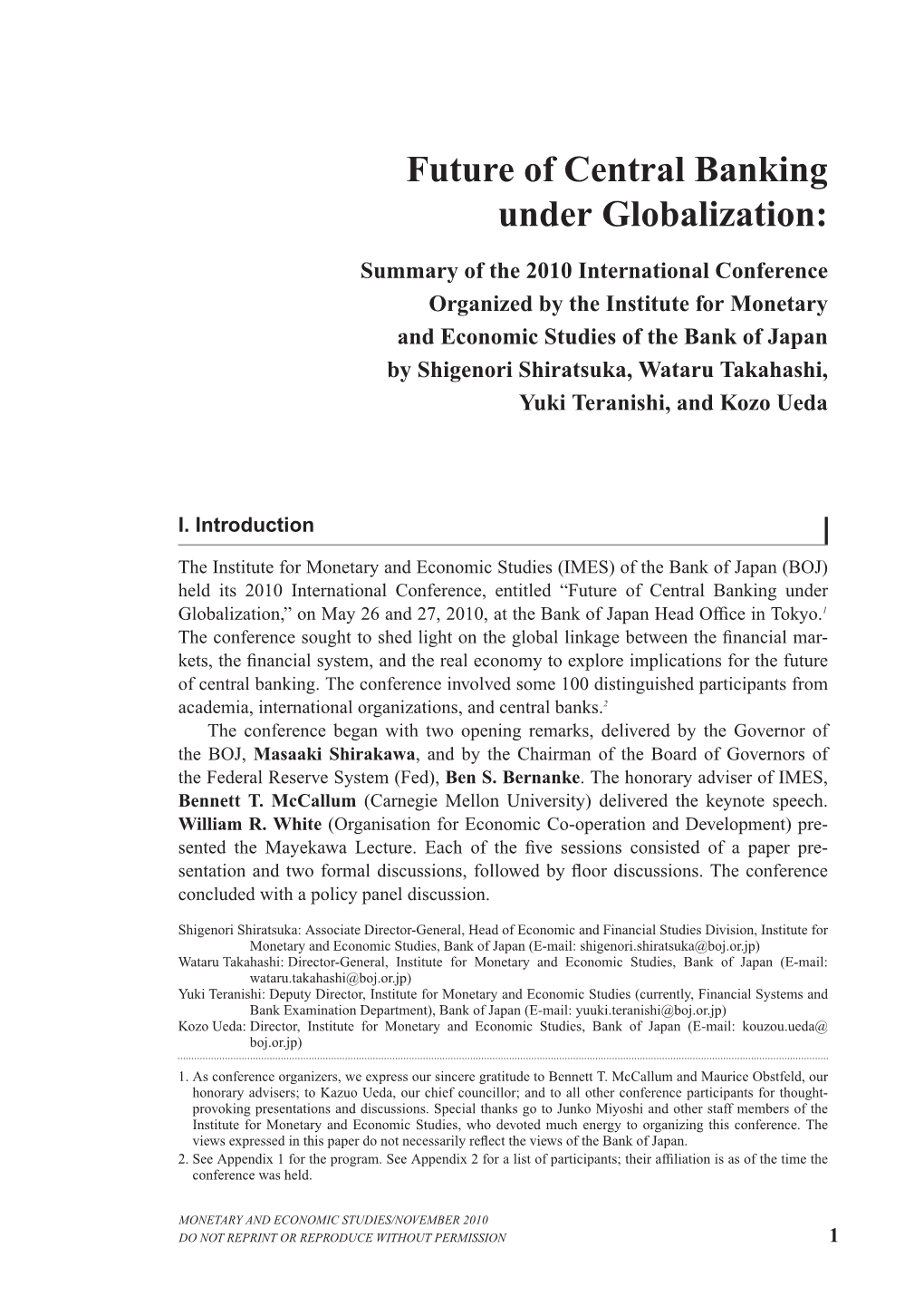 Future of Central Banking Under Globalization: Summary of the 2010