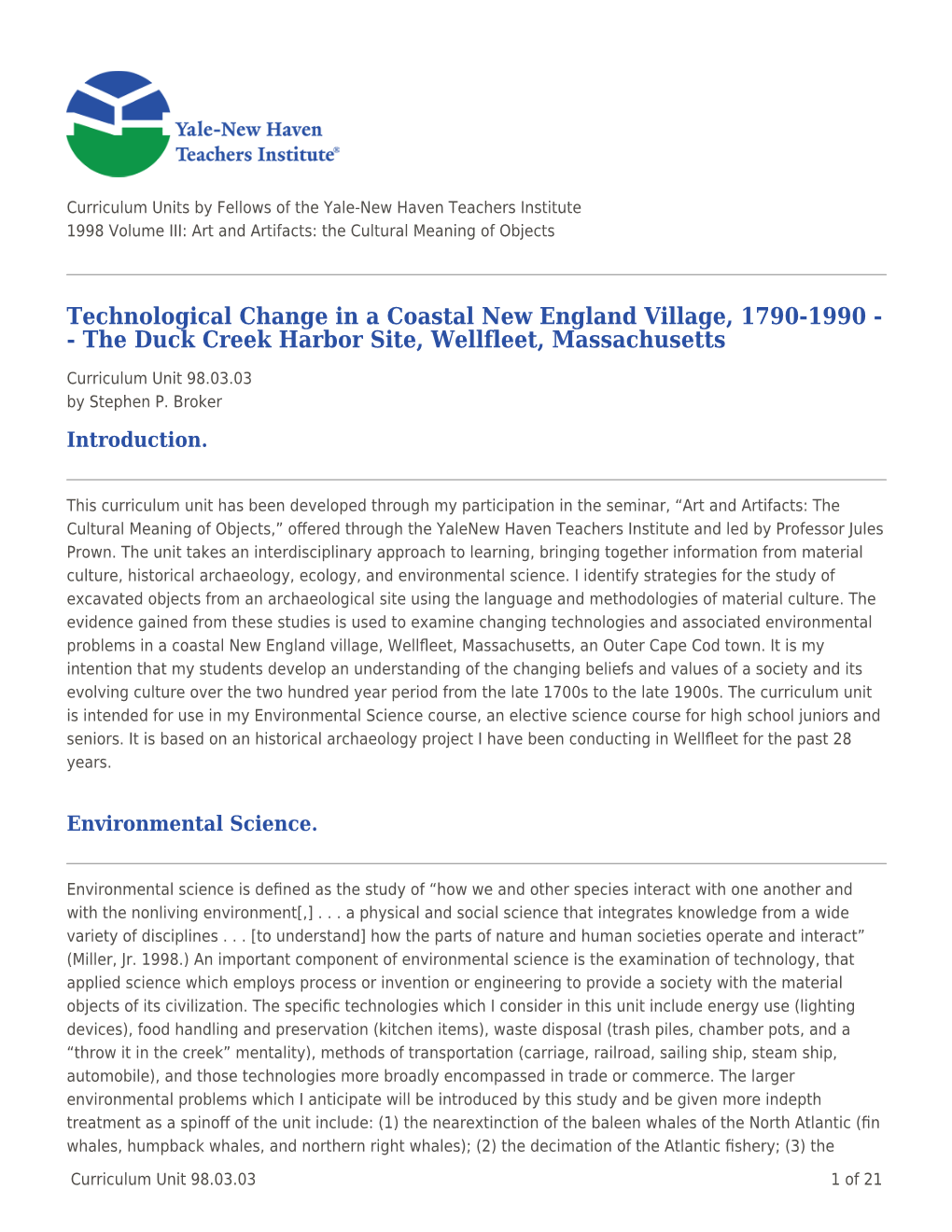 Technological Change in a Coastal New England Village, 1790-1990 - - the Duck Creek Harbor Site, Wellfleet, Massachusetts