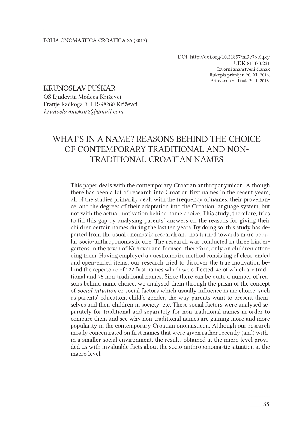 Whatʼs in a Name? Reasons Behind the Choice of Contemporary Traditional and Non- Traditional Croatian Names