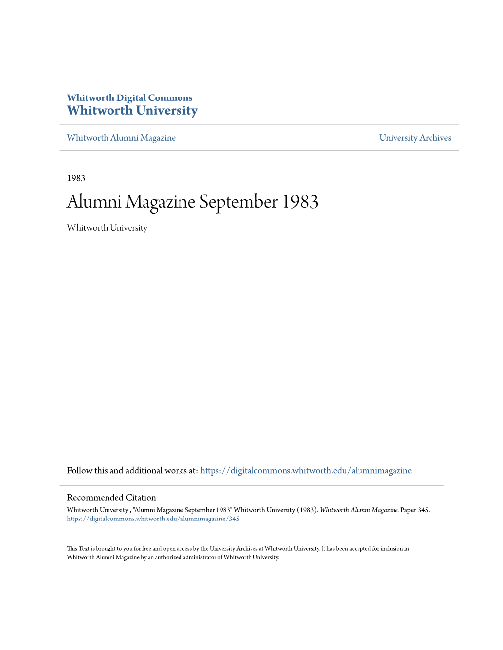 Alumni Magazine September 1983 Whitworth University