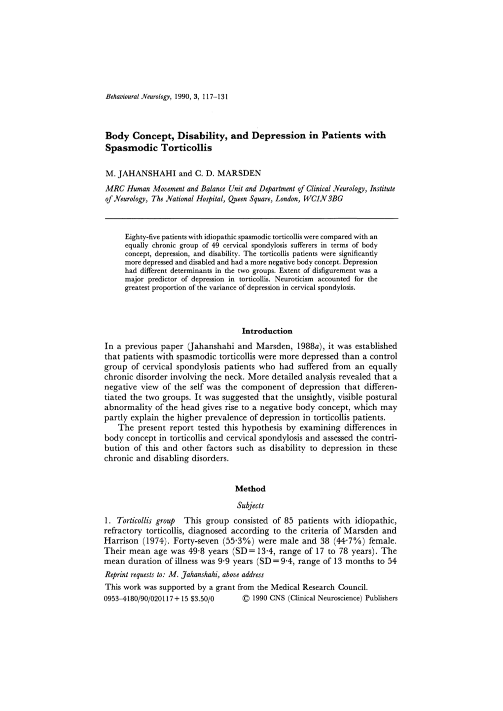 Body Concept, Disability, and Depression in Patients with Spasmodic Torticollis