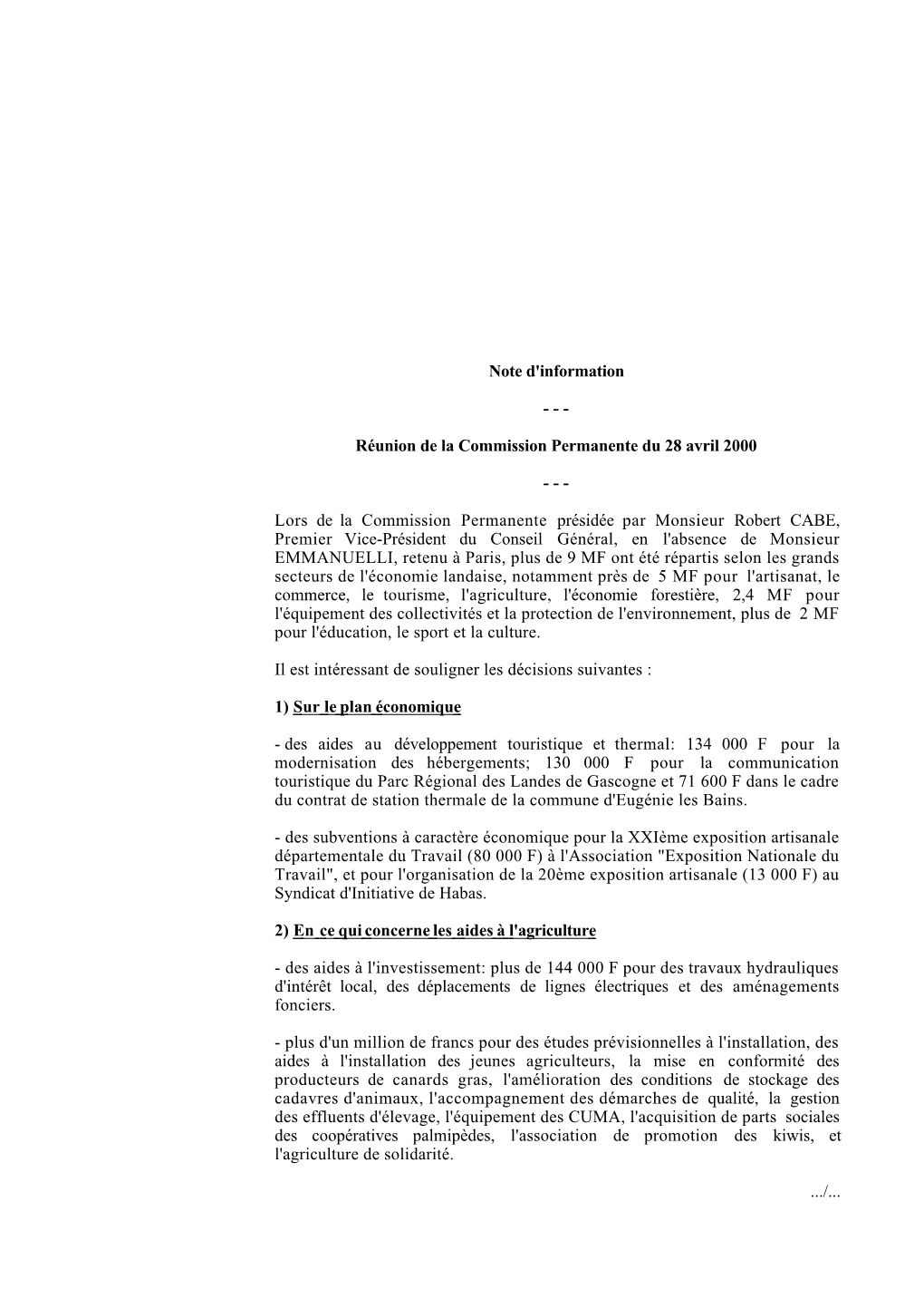 Commission Permanente Du 28 Avril 2000