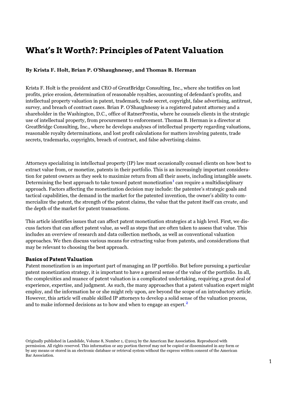 Principles of Patent Valuation