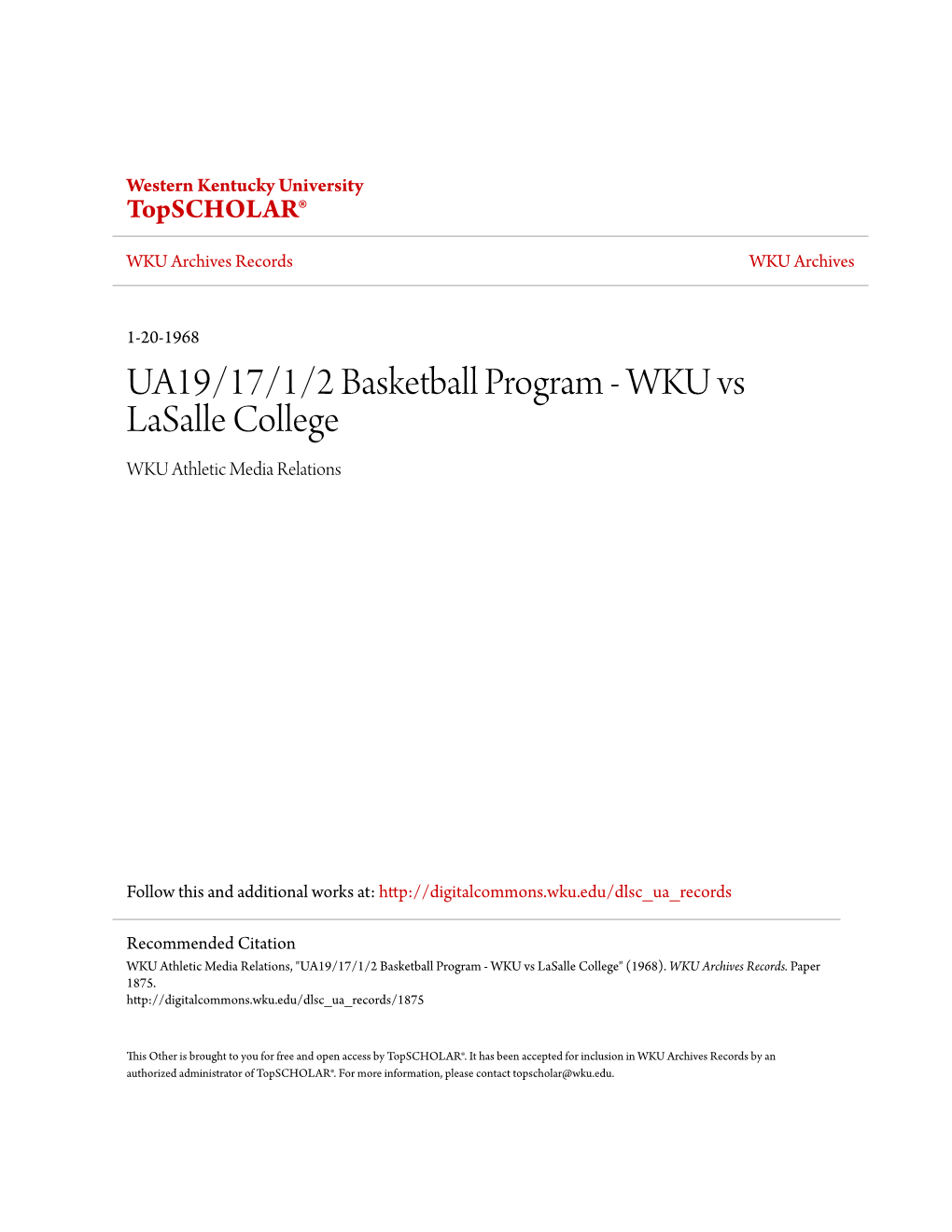 UA19/17/1/2 Basketball Program - WKU Vs Lasalle College WKU Athletic Media Relations