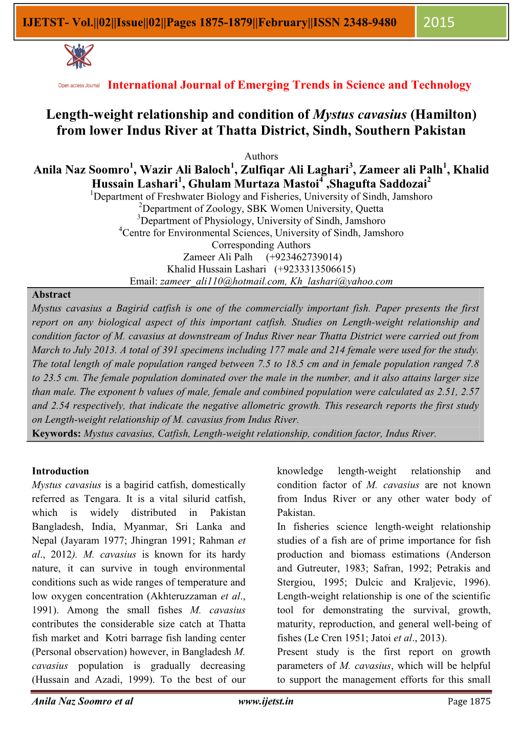 Length-Weight Relationship and Condition of Mystus Cavasius (Hamilton) from Lower Indus River at Thatta District, Sindh, Southern Pakistan