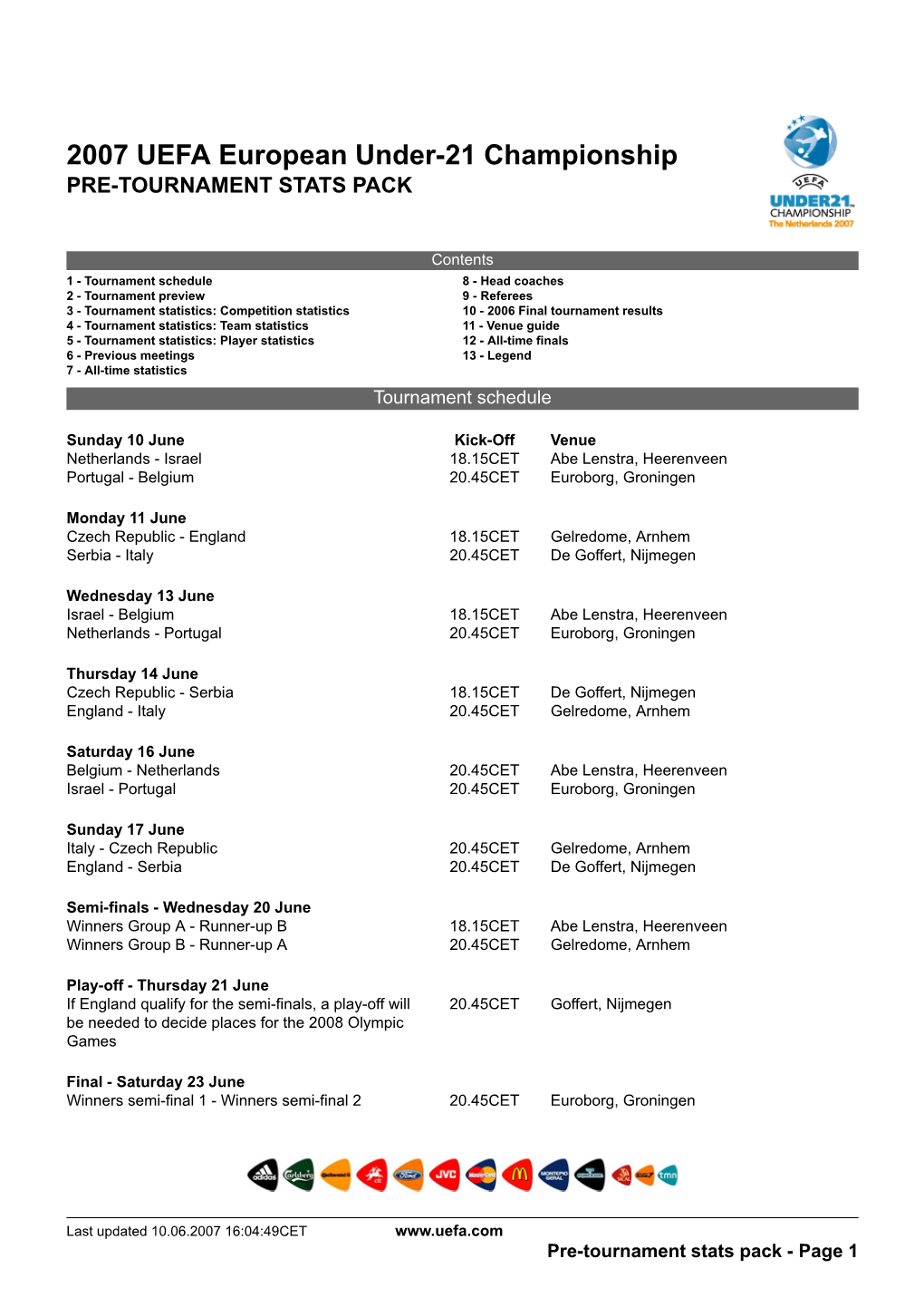 2007 UEFA European Under-21 Championship PRE-TOURNAMENT STATS PACK