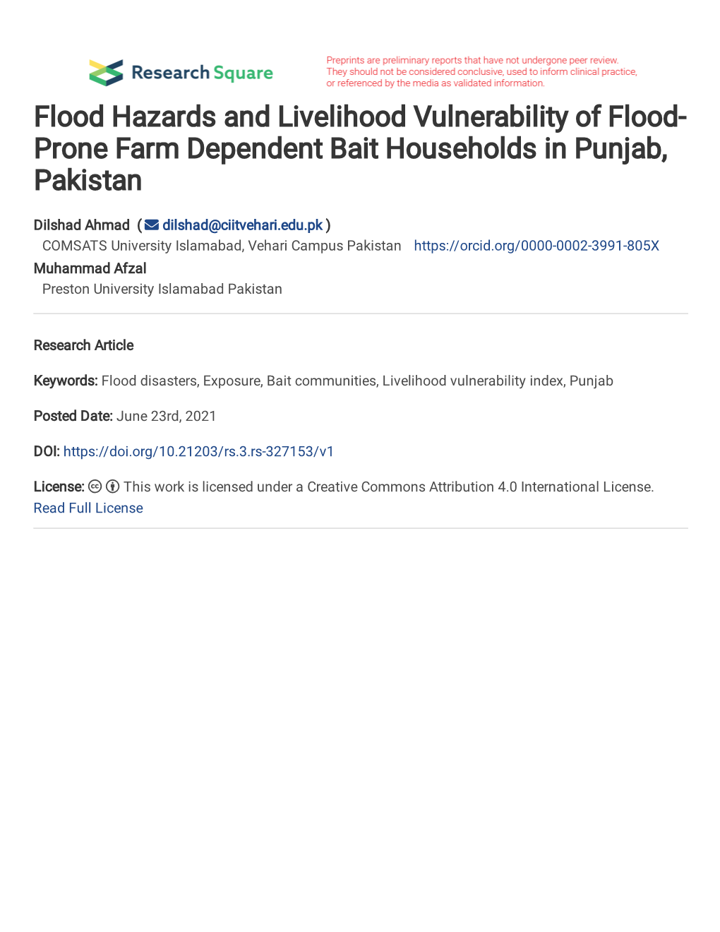 Flood Hazards and Livelihood Vulnerability of Flood- Prone Farm Dependent Bait Households in Punjab, Pakistan