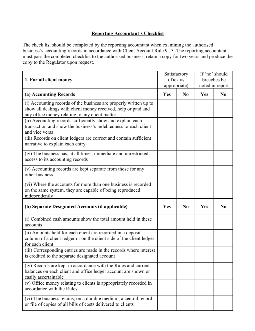 Reporting Accountant S Checklist