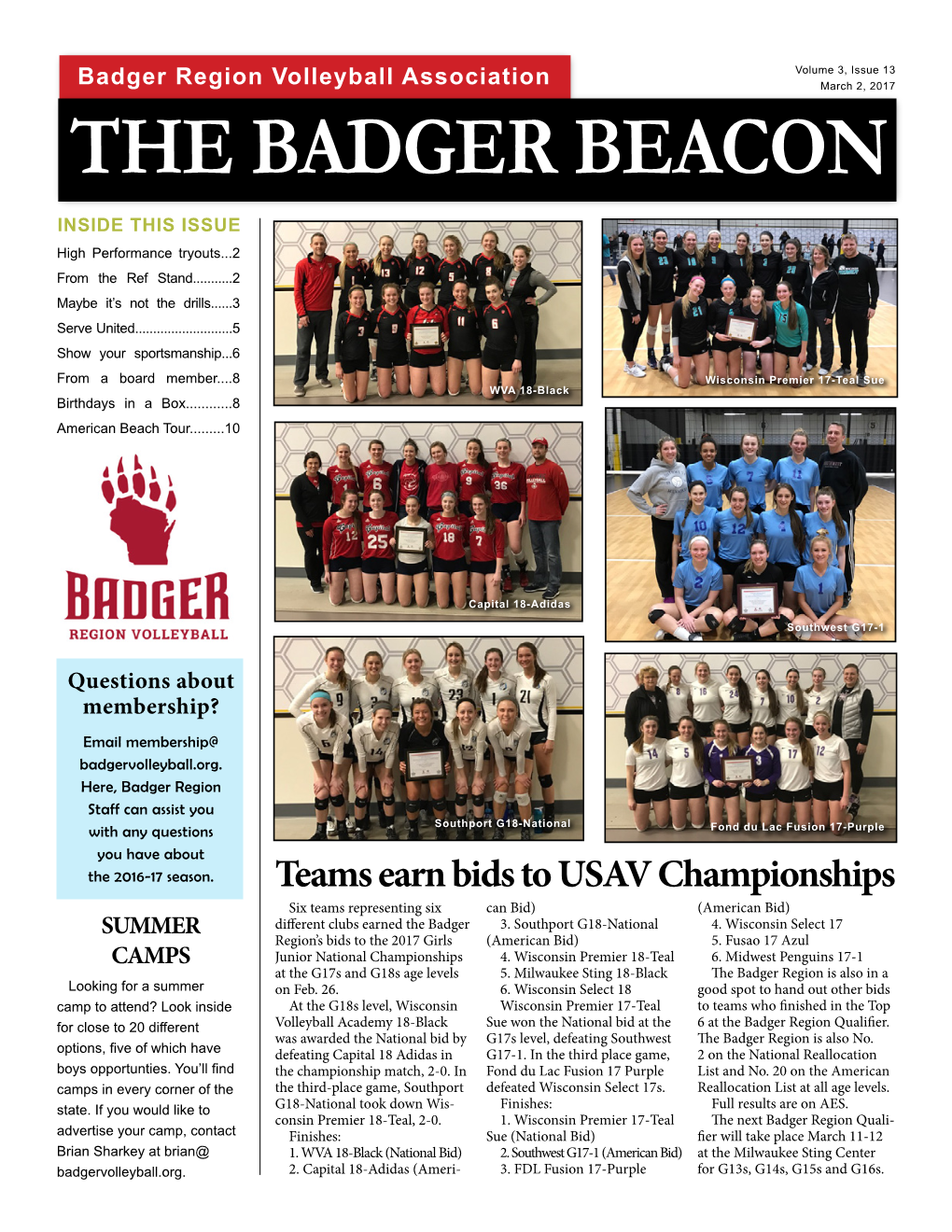 THE BADGER BEACON INSIDE THIS ISSUE High Performance Tryouts...2 from the Ref Stand