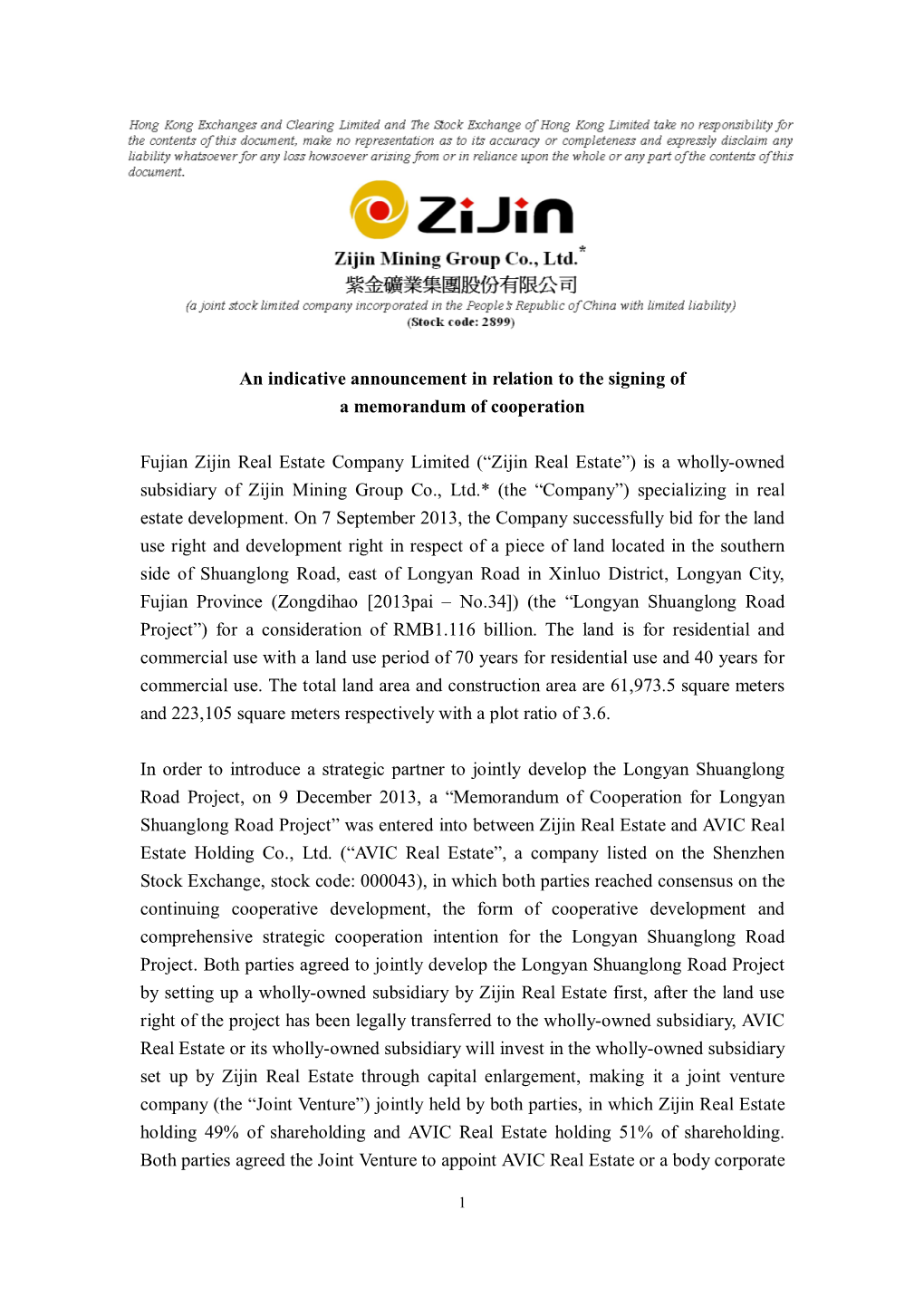 An Indicative Announcement in Relation to the Signing of a Memorandum of Cooperation