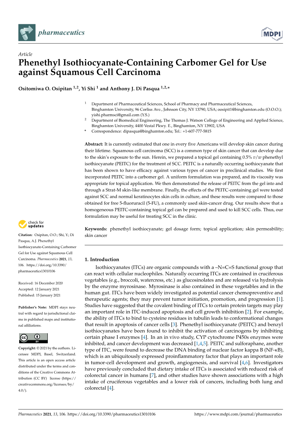 Phenethyl Isothiocyanate-Containing Carbomer Gel for Use Against Squamous Cell Carcinoma