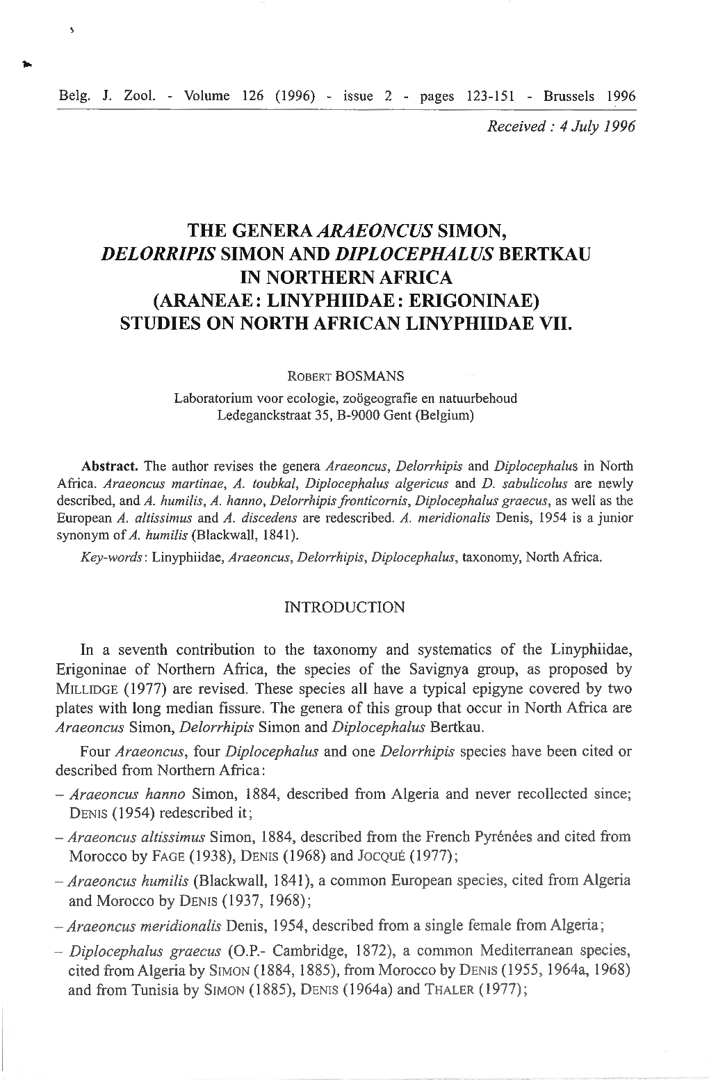 The Genera Araeoncus Simon, Delorripis Simon and Diplocephalus Bertkau in Northern Africa (Araneae: Linyphiidae: Erigoninae) Studies on North African Linyphiidae Vii