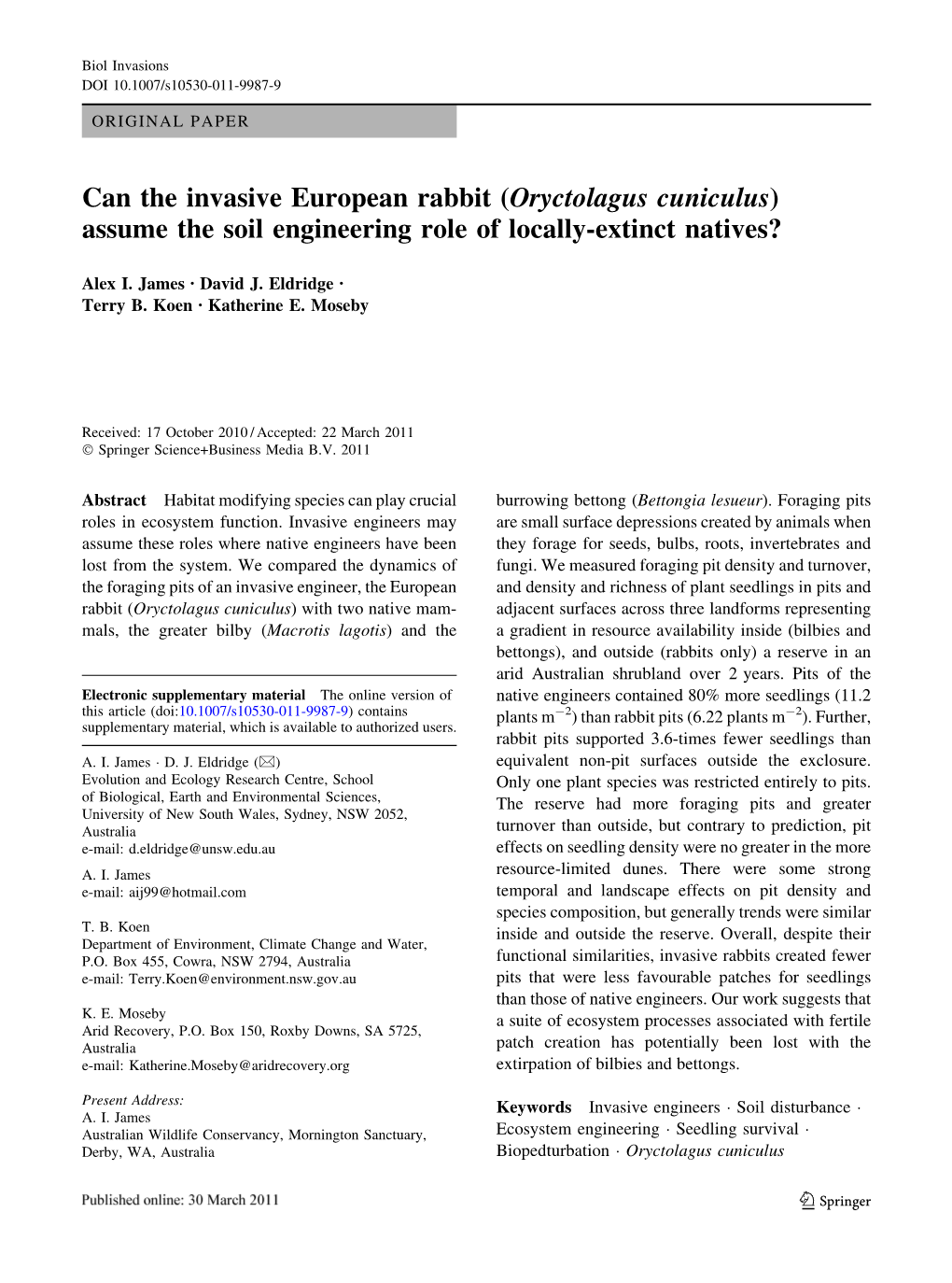 Can the Invasive European Rabbit (Oryctolagus Cuniculus) Assume the Soil Engineering Role of Locally-Extinct Natives?