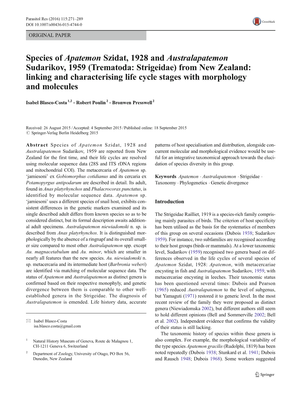 Species of Apatemon Szidat, 1928 and Australapatemon Sudarikov, 1959 (Trematoda: Strigeidae) from New Zealand: Linking and Chara