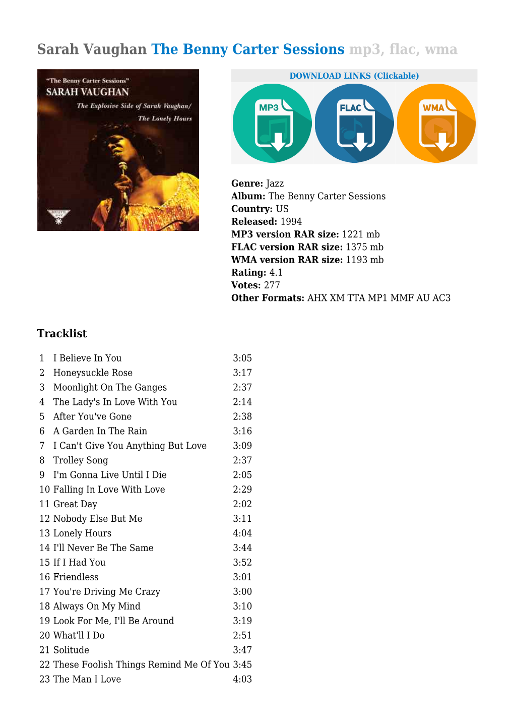 Sarah Vaughan the Benny Carter Sessions Mp3, Flac, Wma