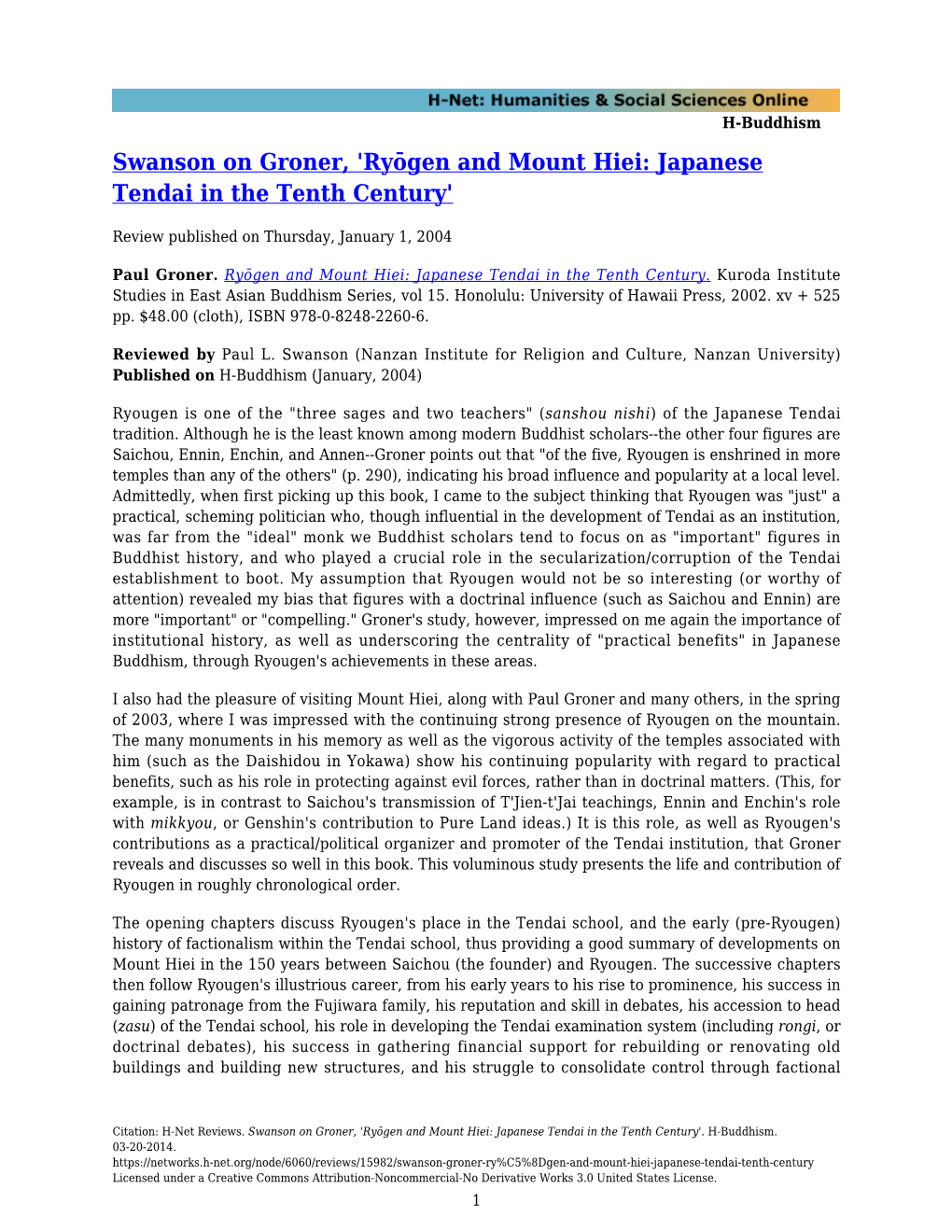 Swanson on Groner, 'Ryōgen and Mount Hiei: Japanese Tendai in the Tenth Century'