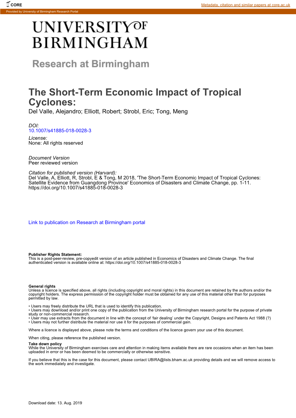 The Short-Term Economic Impact of Tropical Cyclones: Del Valle, Alejandro; Elliott, Robert; Strobl, Eric; Tong, Meng