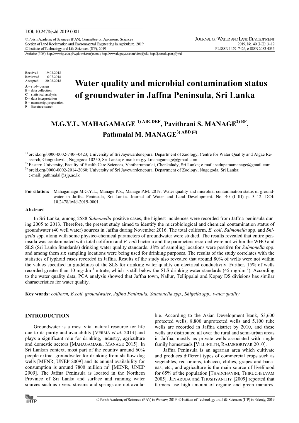 Water Quality and Microbial Contamination Status of Ground- Water in Jaffna Peninsula, Sri Lanka