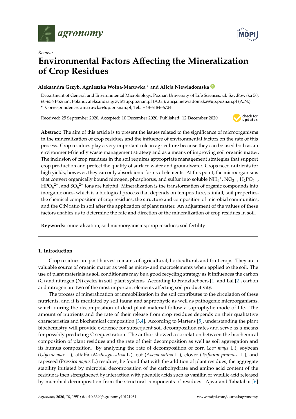 Environmental Factors Affecting the Mineralization of Crop Residues