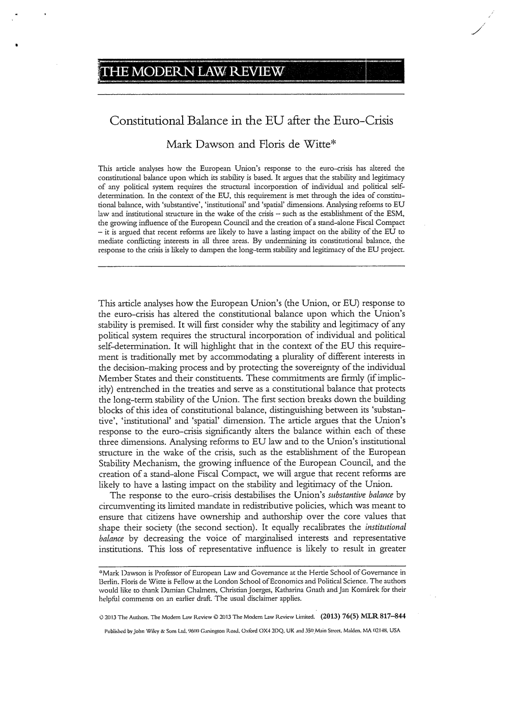 Constitutional Balance in the EU After the Euro-Crisis