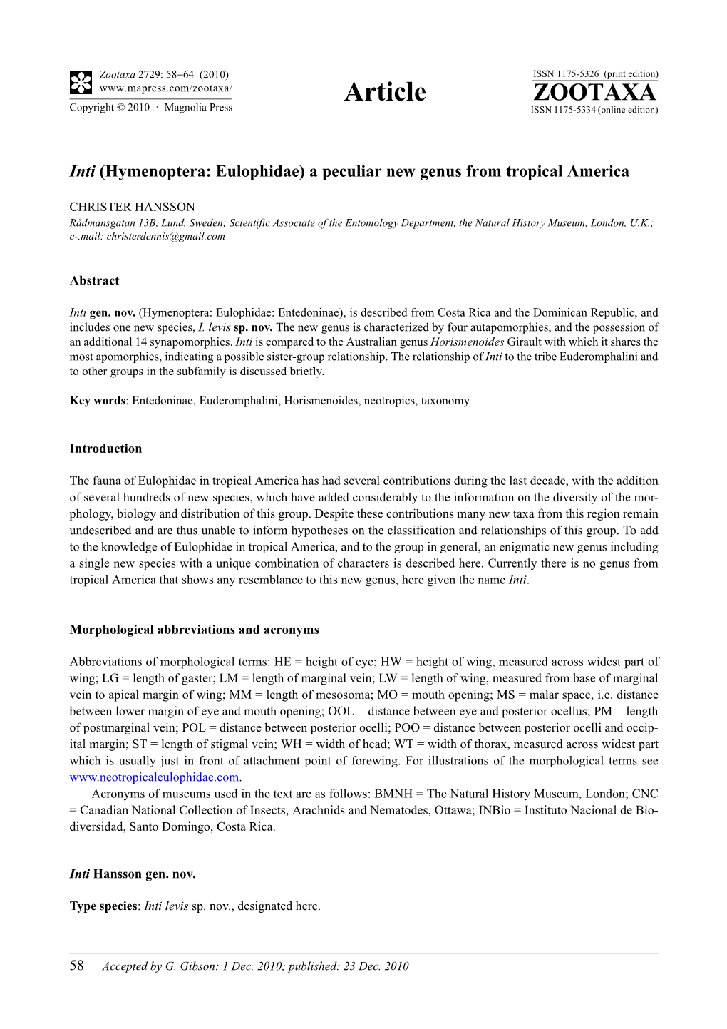 Inti (Hymenoptera: Eulophidae) a Peculiar New Genus from Tropical America