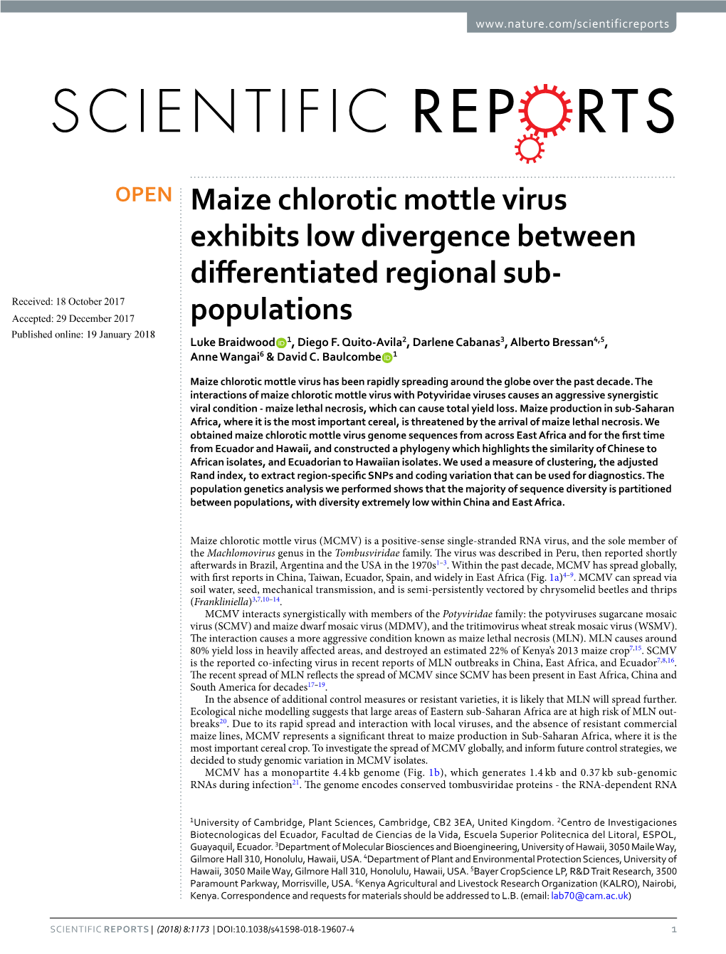 Maize Chlorotic Mottle Virus Exhibits Low Divergence Between