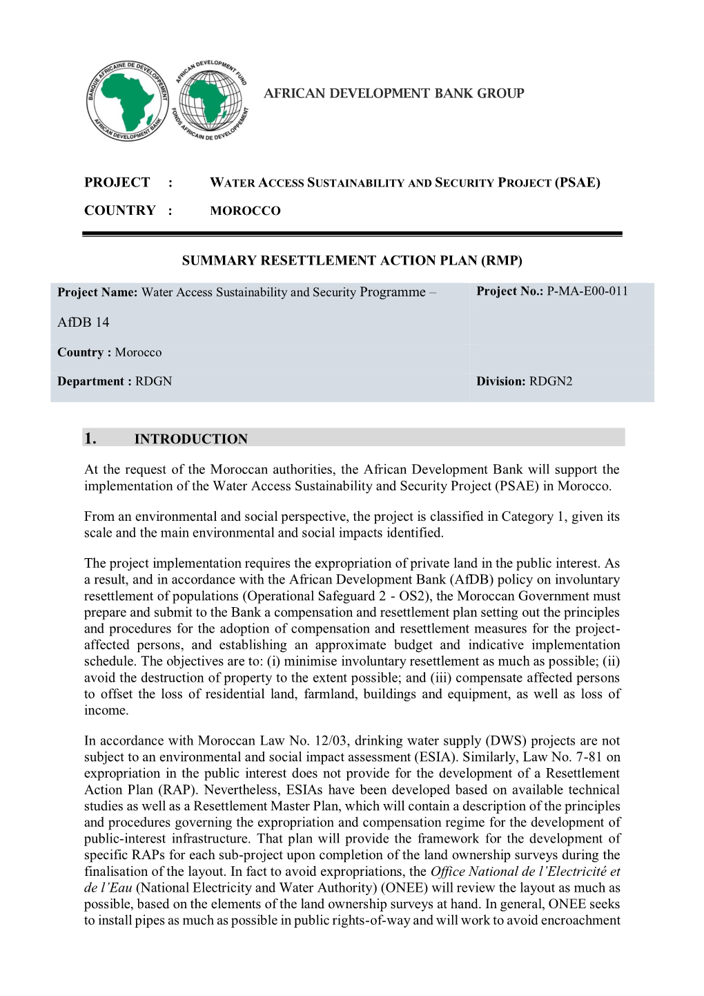 Summary Resettlement Action Plan (Rmp)