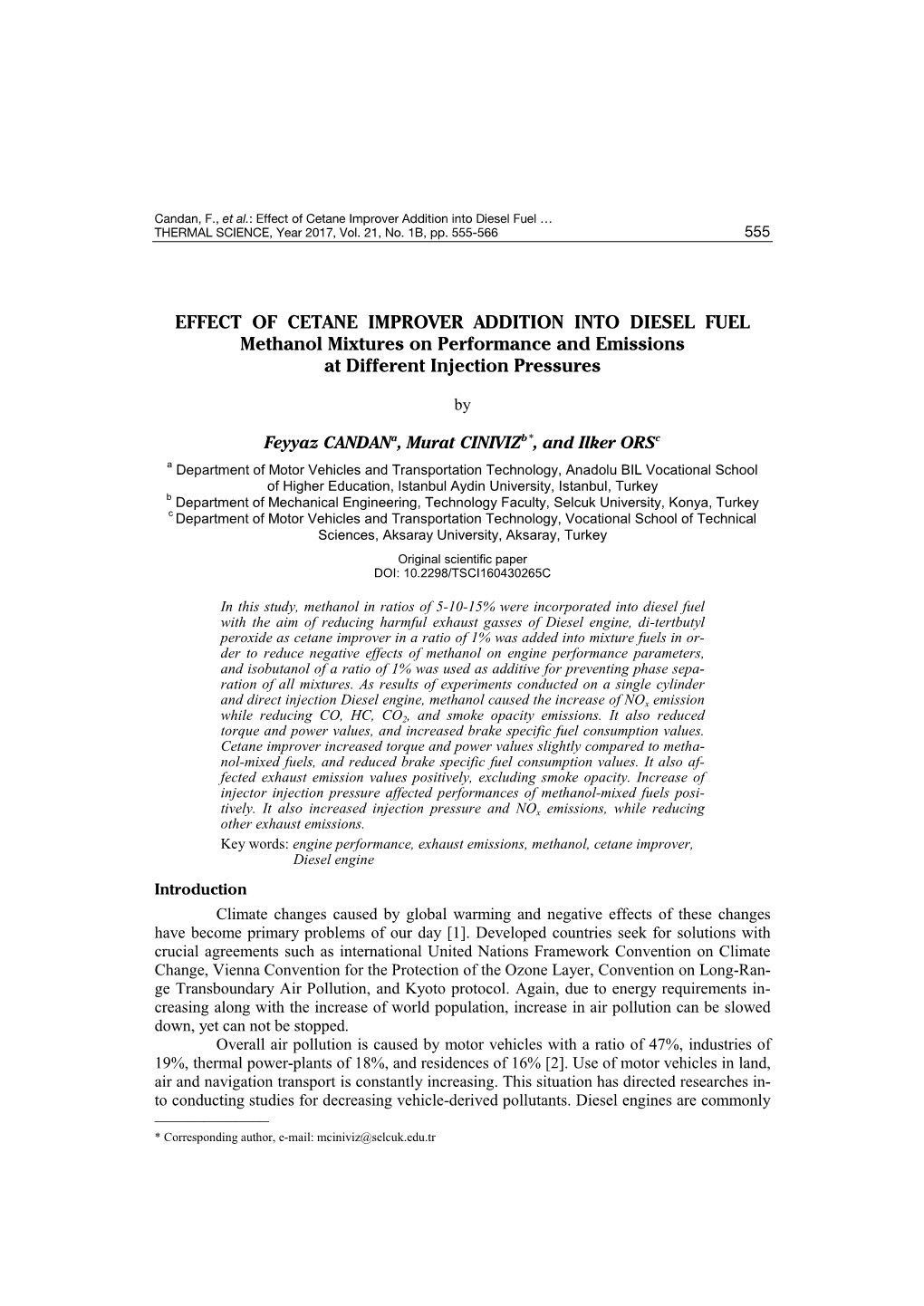 Effect of Cetane Improver Addition Into Diesel Fuel … THERMAL SCIENCE, Year 2017, Vol