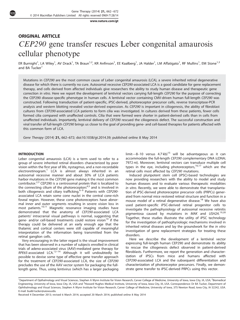 CEP290 Gene Transfer Rescues Leber Congenital Amaurosis Cellular Phenotype