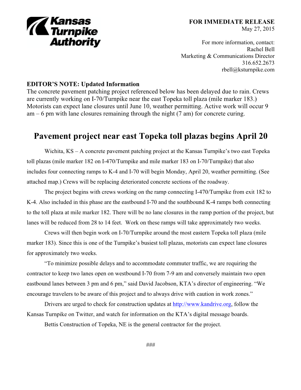 Pavement Project Near East Topeka Toll Plazas Begins April 20