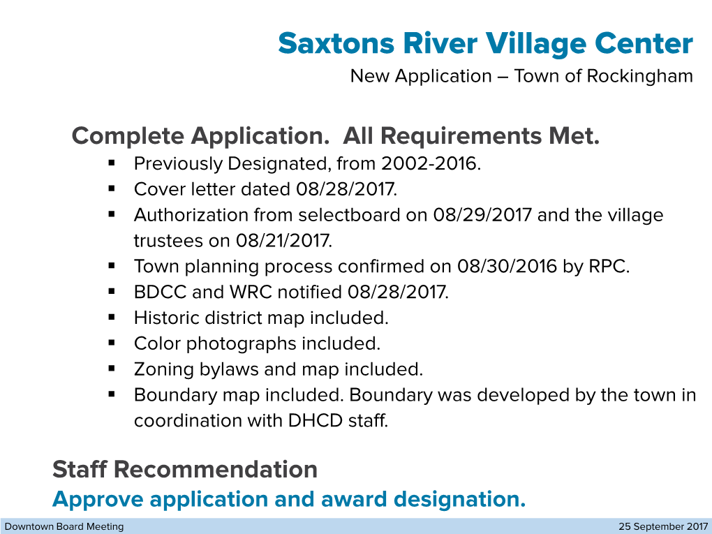 Saxtons River Village Center New Application – Town of Rockingham