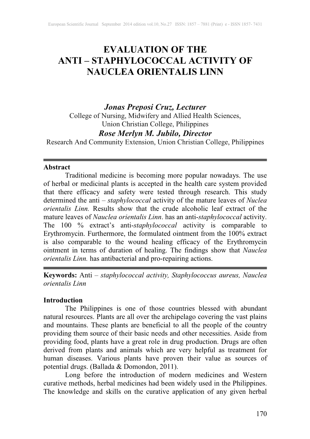 Staphylococcal Activity of Nauclea Orientalis Linn