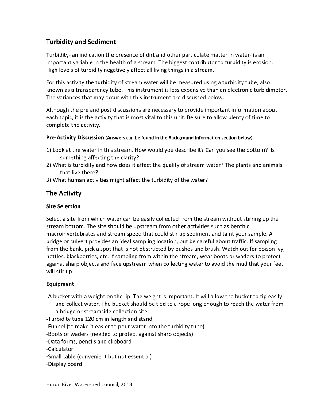 Turbidity and Sediment the Activity