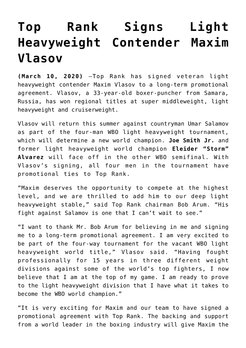 Top Rank Signs Light Heavyweight Contender Maxim Vlasov